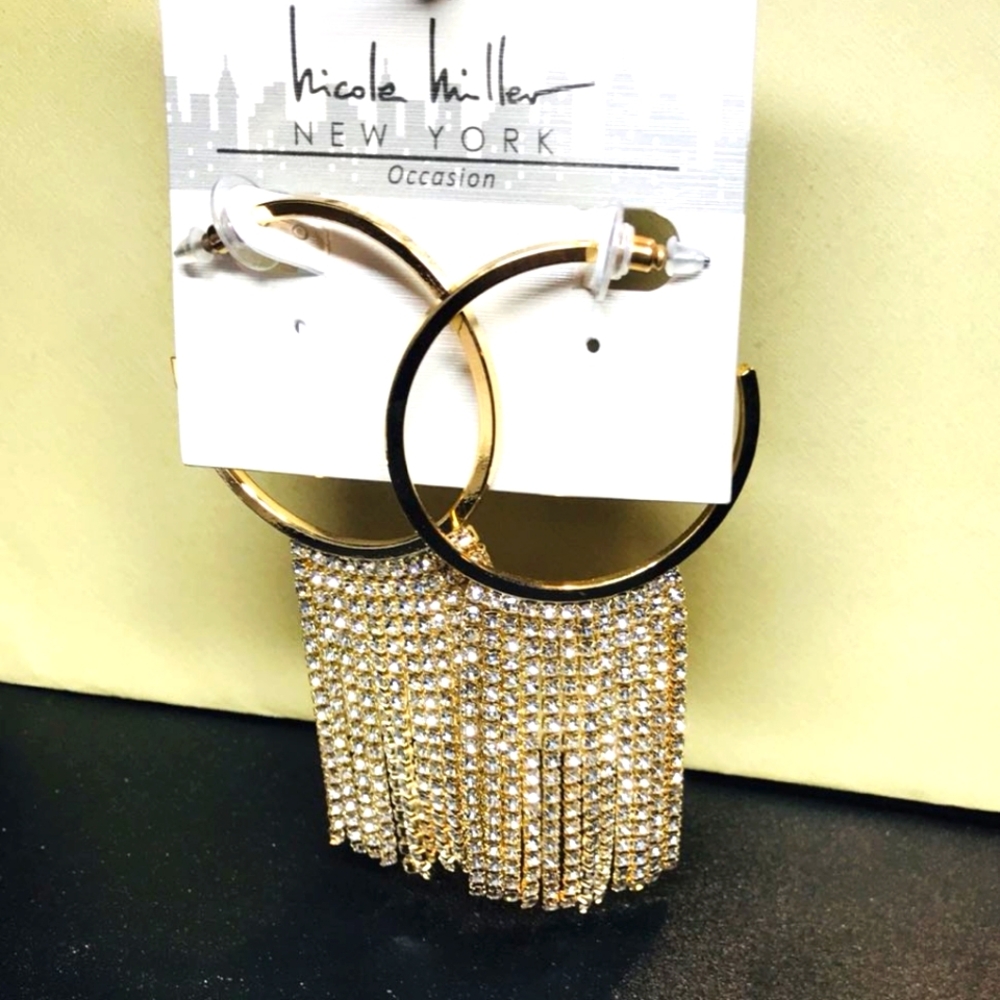 Nicole Miller Gold Hoops with cascading diamond stimulants